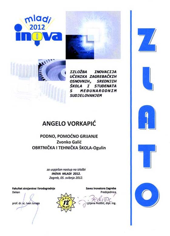 Zlatna medalja ogulinskom učeniku na INOVI-MLADIH 2012